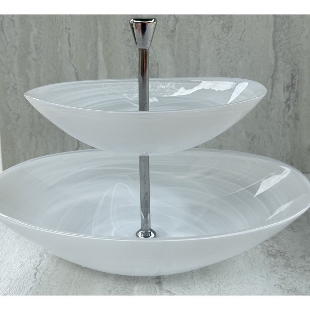 Pier One Two Tiered Swirled Glass Serving Tray Elegant Oval Dessert Stand‎ #5629